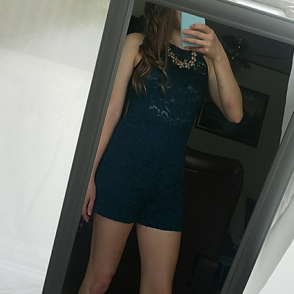Forever 21 Contemporary Sheer Top Teal Lace Romper